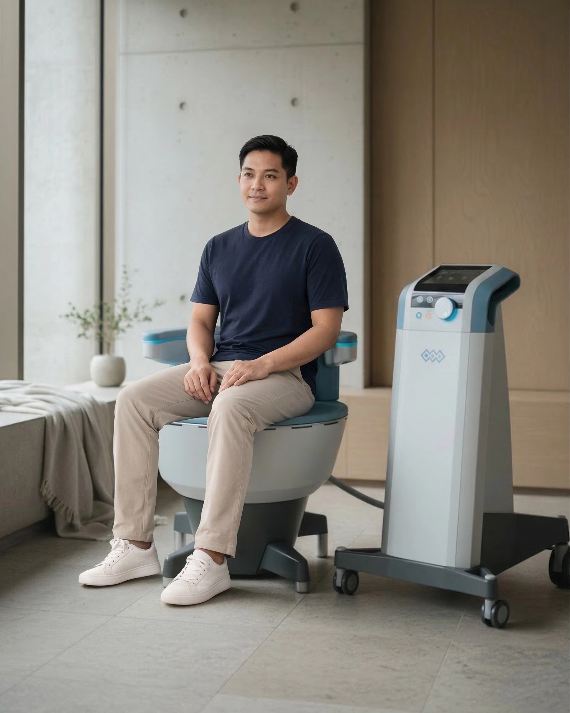 Man sitting on EMSELLA chair at Revita Wellness BGC